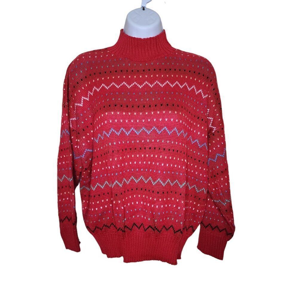 Vintage 80s Turtleneck Sweater Womens Size XL Red Pink Hearts Zig Zag Stripes